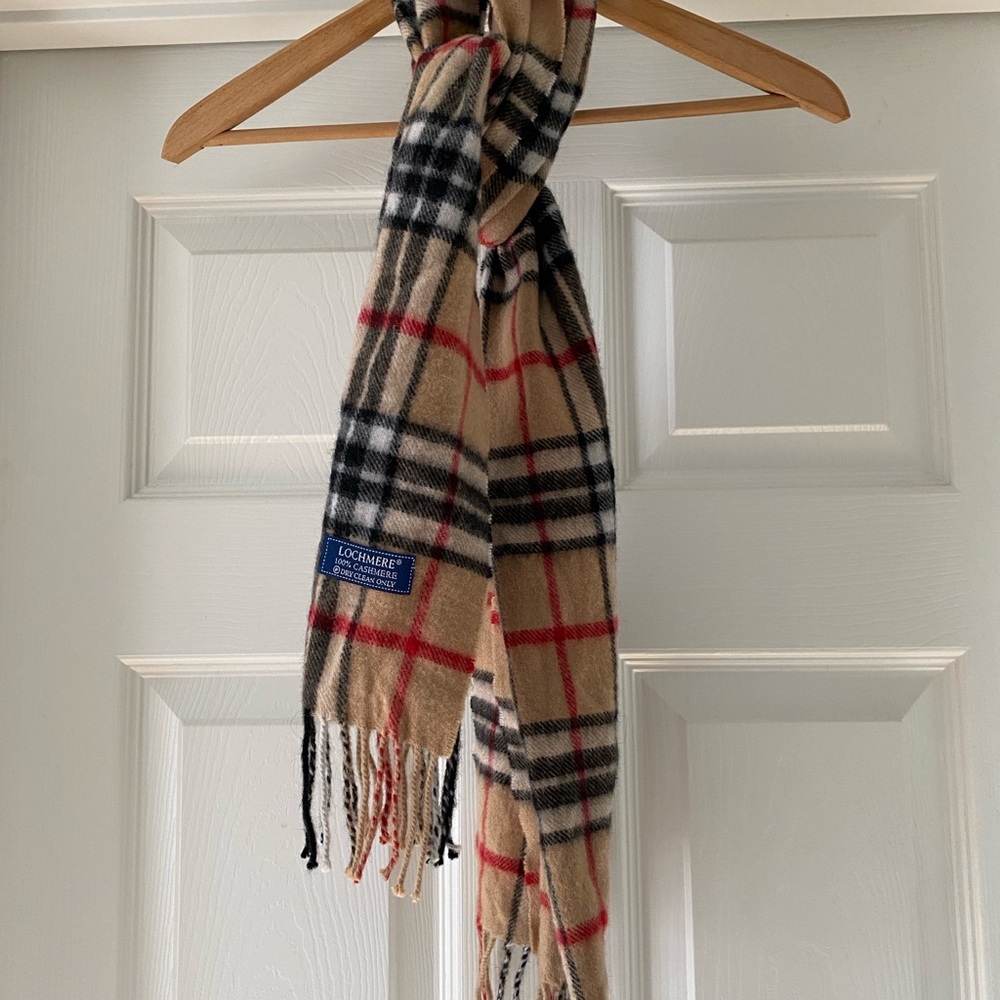 Classic Plaid Lochmere 100% Cashmere Scarf Tan, Black, Red